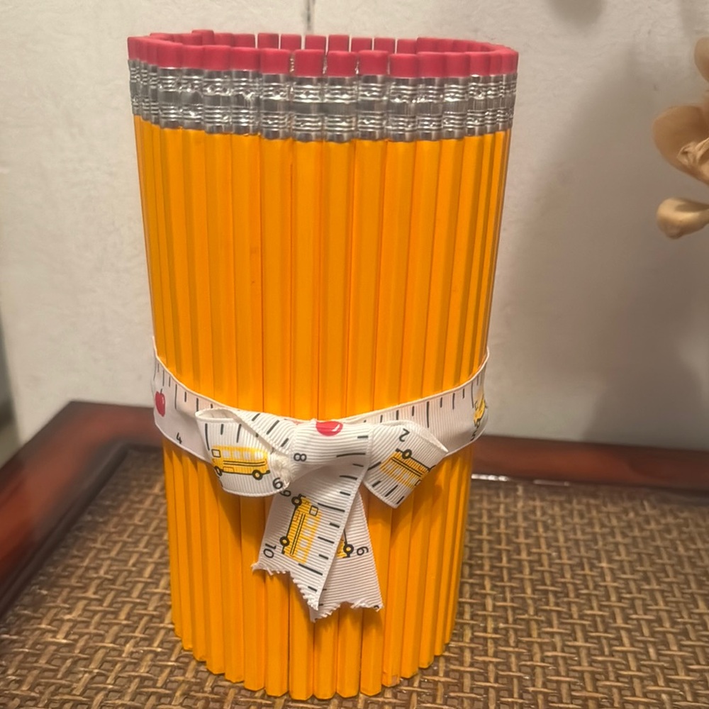 Yellow and Red Pencil Holder with Ribbon